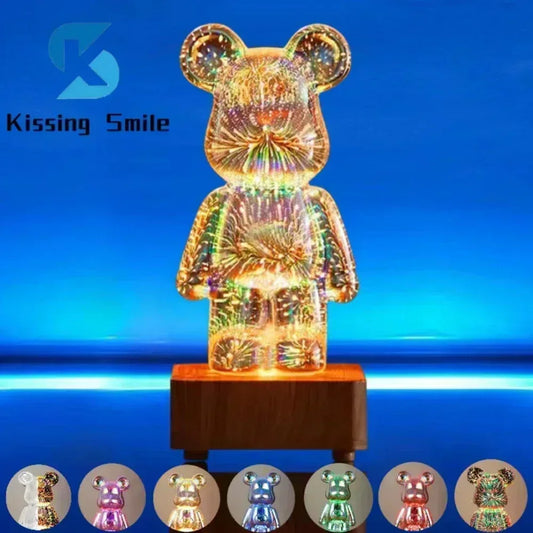 3D Fireworks Bear Lamp Usb Led Night Light Bedroom Decoration Cute Table Desk Projection Atmosphere 7 Color Changeable Kid Gift