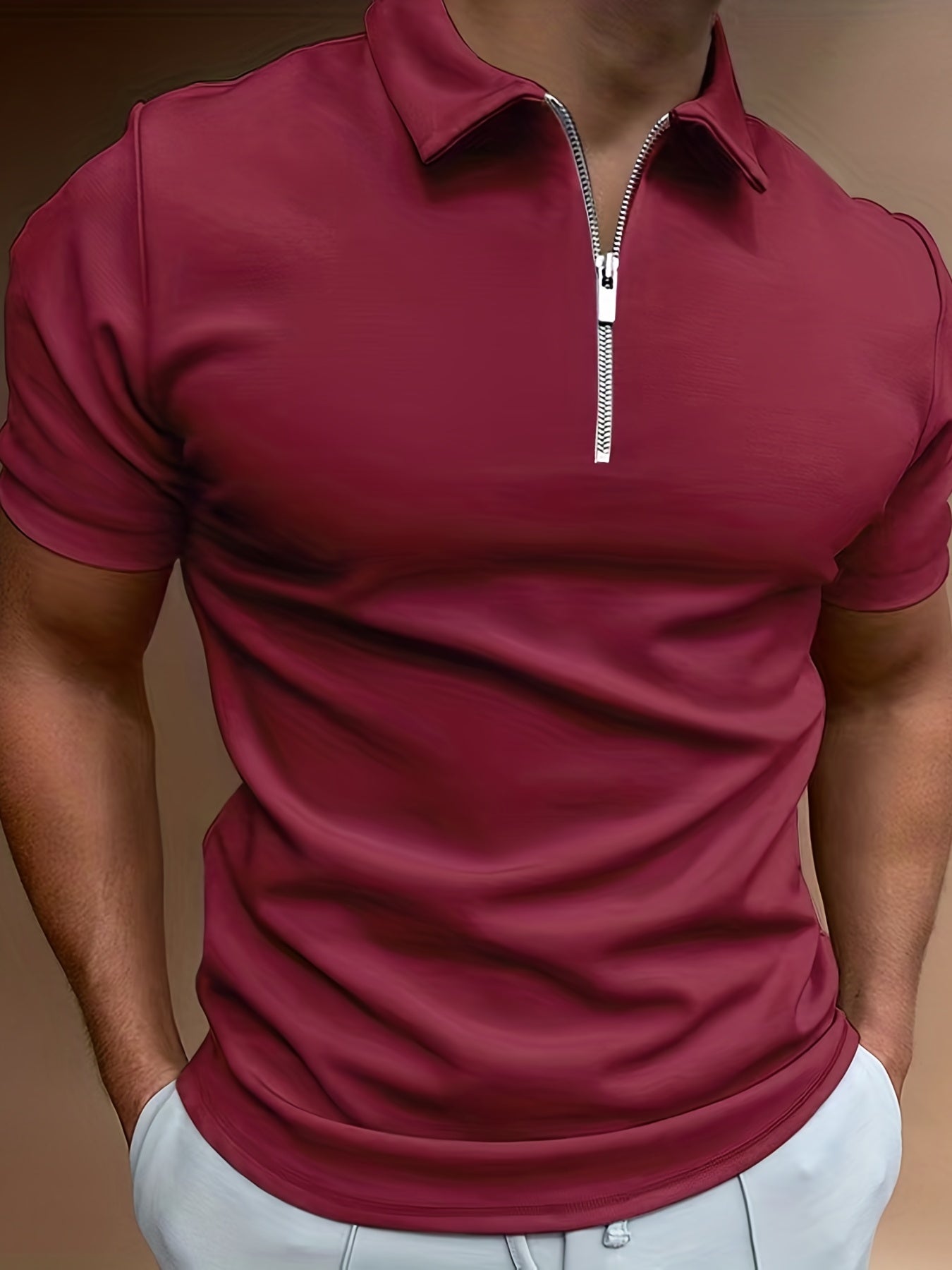 Solid Color Men's Casual Short Sleeves Zipper Shirts, Lapel Collar Tops Pullovers, Men's Clothing For Summer