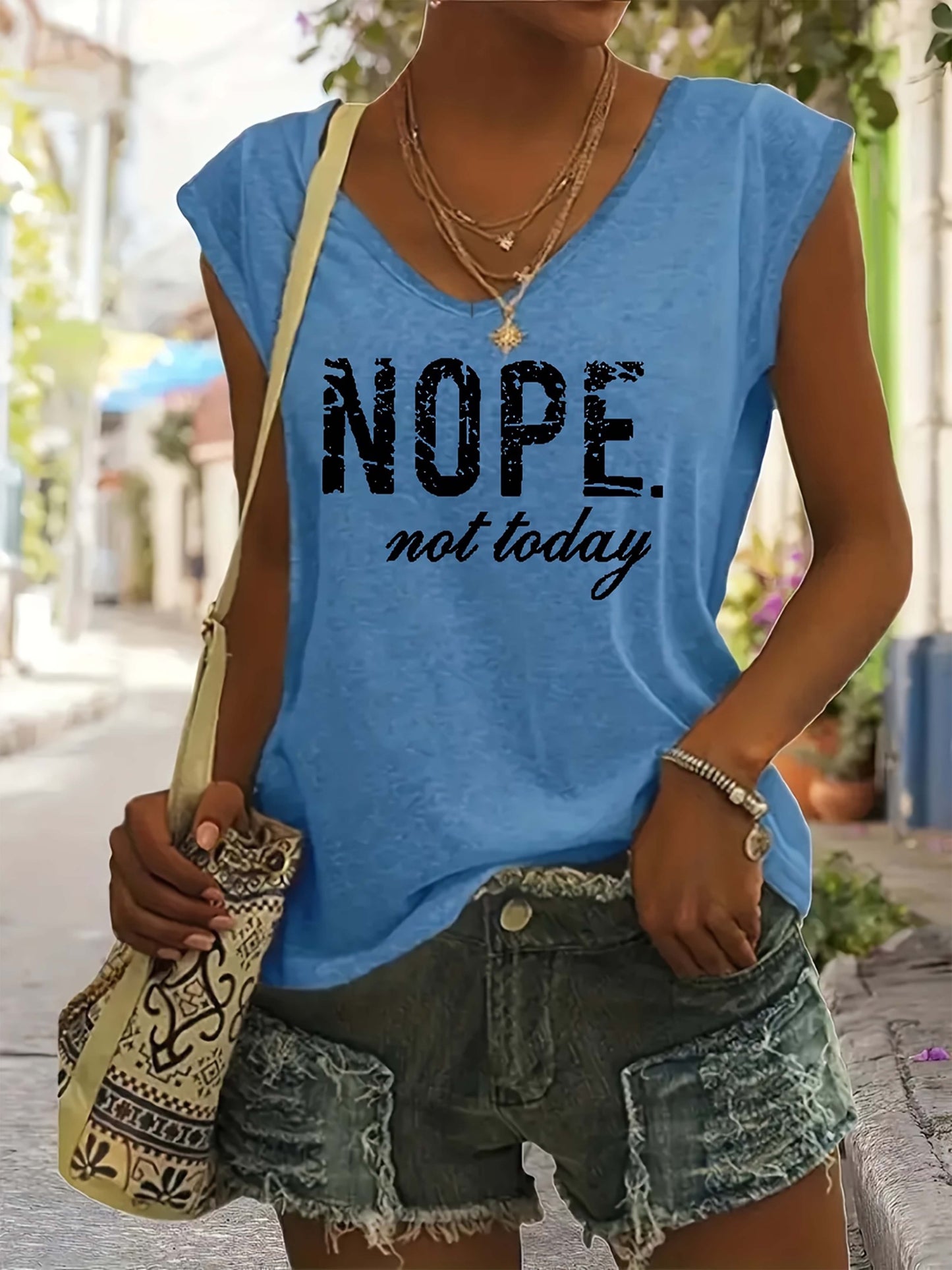 "Nope. Not Today" Letter Print T-shirts, V-neck Cap Sleeve Fashion Top, Women's Clothing