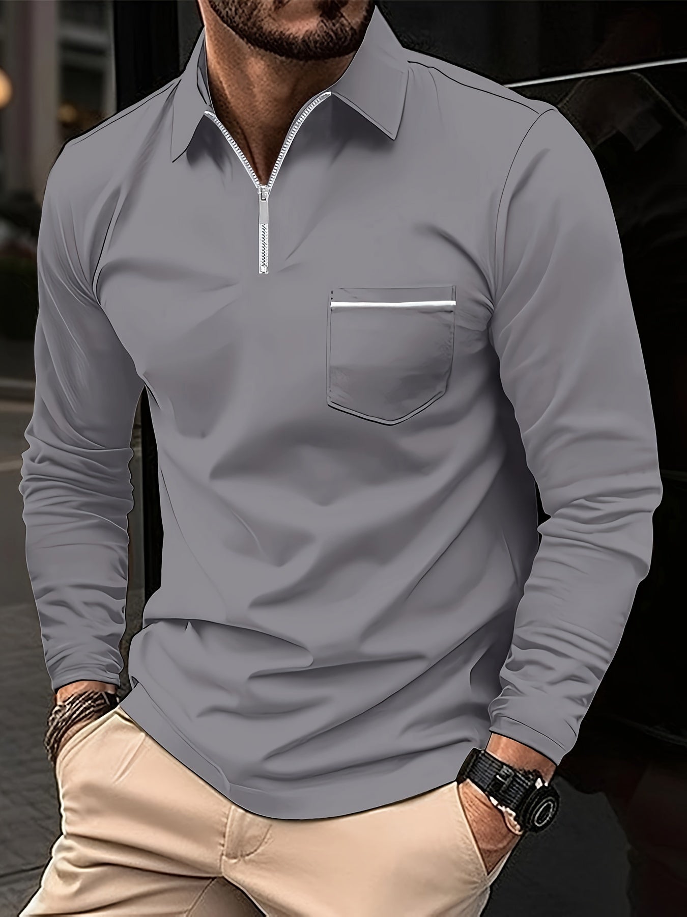 Men's Casual Long Sleeve Zipper Lapel Shirt with Chest Pocket - Spring/Fall Outdoor Wear