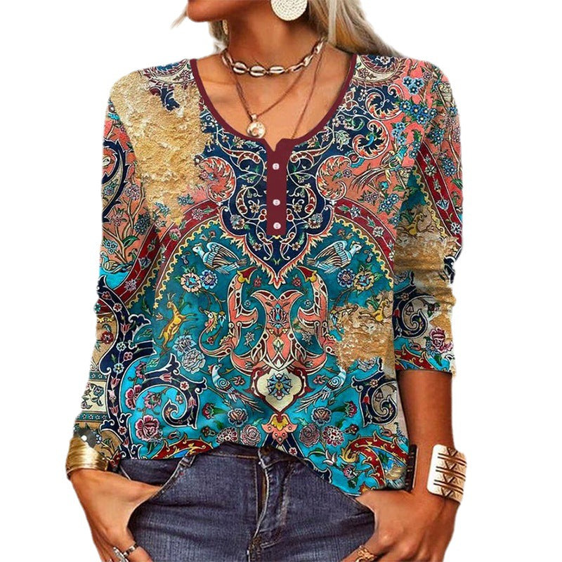 Geometric Floral U-neck Button Personality Retro Long Sleeve