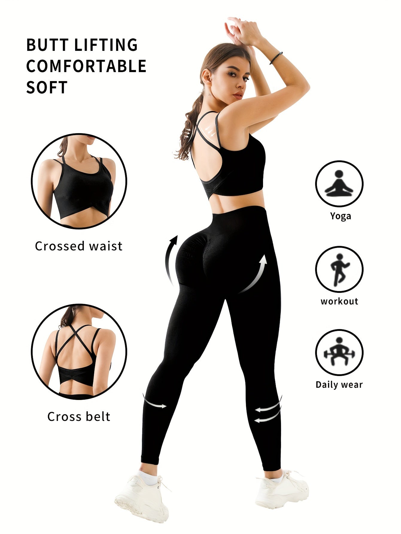 2pcs Solid Color Workout Sets, Backless Sports Bra & Wide Waistband Hip Lift Running Leggings, Women's Activewear