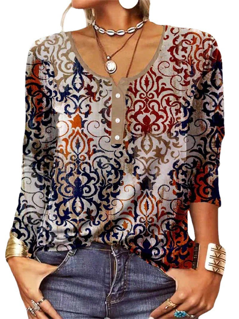 Loose Long Sleeve Geometric Floral U-neck Button