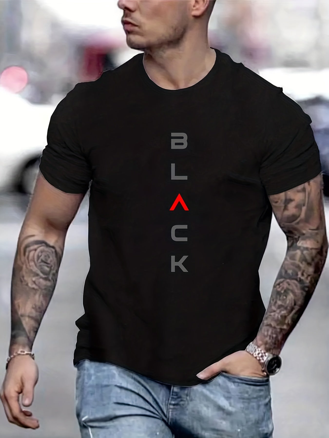 'Black' Print Tee Shirt, Tee For Men, Casual Short Sleeve T-shirt For Summer Spring Fall, Tops As Gifts