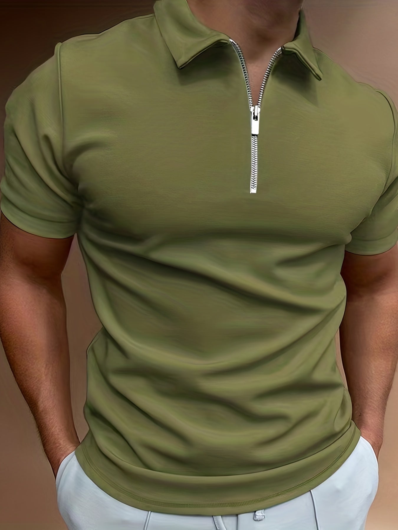 Solid Color Men's Casual Short Sleeves Zipper Shirts, Lapel Collar Tops Pullovers, Men's Clothing For Summer