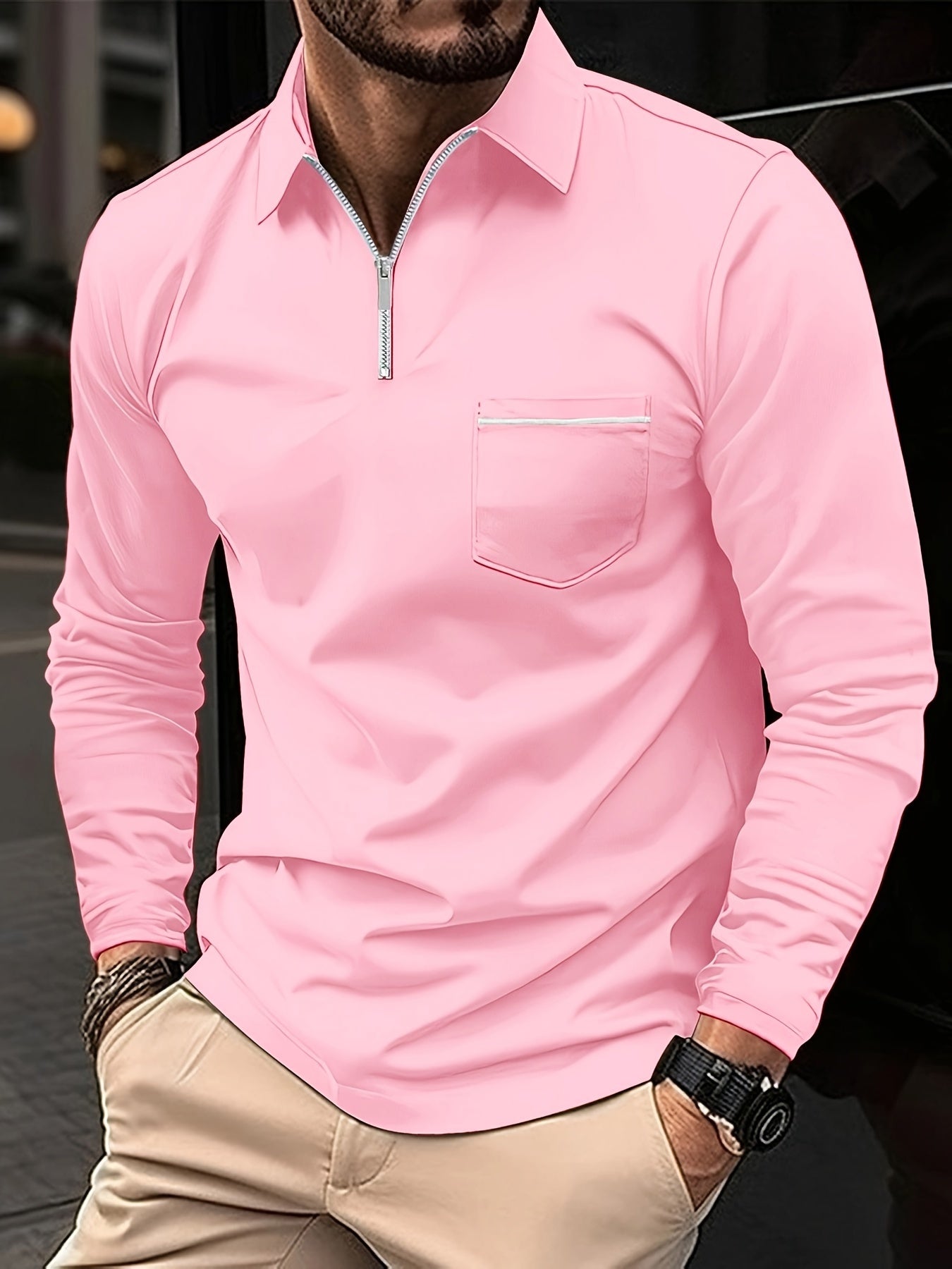 Men's Casual Long Sleeve Zipper Lapel Shirt with Chest Pocket - Spring/Fall Outdoor Wear