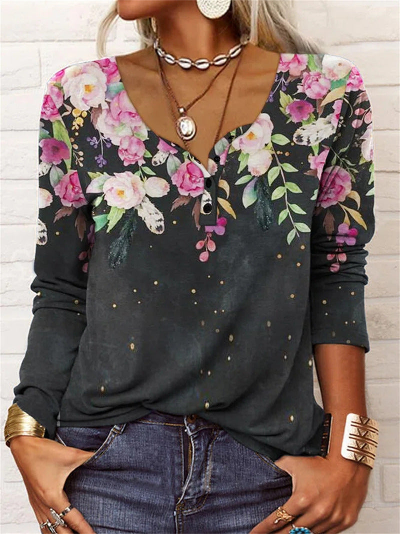 Loose Long Sleeve Geometric Floral U-neck Button