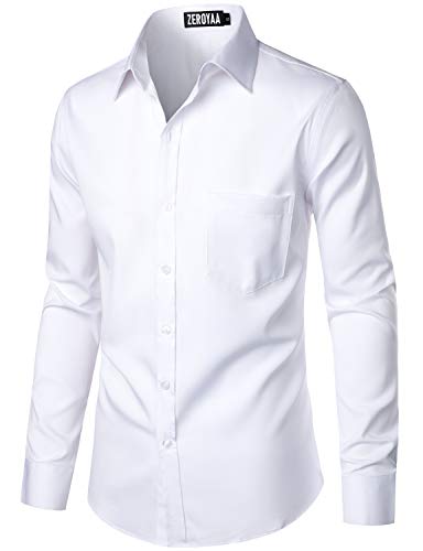 ZEROYAA Men's Urban Stylish Casual Business Slim Fit Long Sleeve Button Up Dress Shirt with Pocket ZLCL29 White Medium