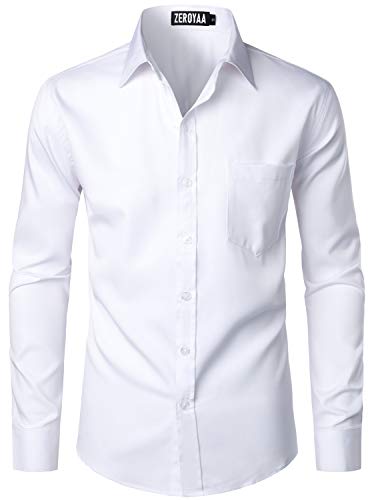 ZEROYAA Men's Urban Stylish Casual Business Slim Fit Long Sleeve Button Up Dress Shirt with Pocket ZLCL29 White Medium