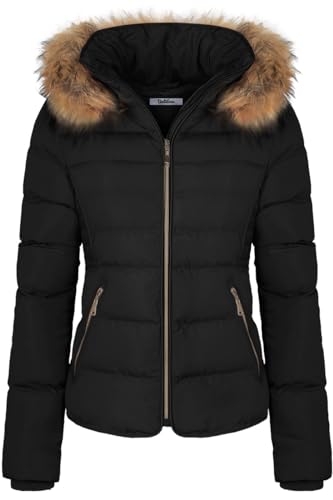 BodiLove Women's Fur Hooded Utility Jacket With Zipper and Fannel Lining Black S