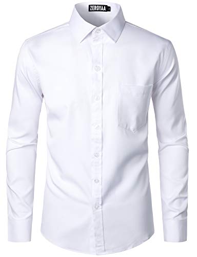 ZEROYAA Men's Urban Stylish Casual Business Slim Fit Long Sleeve Button Up Dress Shirt with Pocket ZLCL29 White Medium