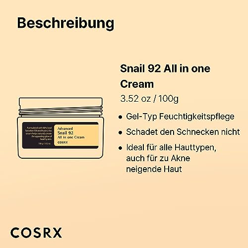 COSRX Snail Mucin 92% Moisturizer 3.52oz/ 100g, Daily Repair Face Gel Cream for Dry, Sensitive Skin, Not Tested on Animals, No Parabens, No Sulfates, No Phthalates, Korean Skincare