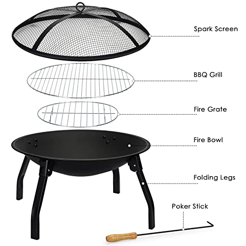 Cogesu Fire Pit, 22in Foldable Wood Burning Fire Pits for Outside, Firepit with Carry Bag, Spark Screen & Poker, Pack Grill, Folding Legs for Camping, Picnic, Bonfire