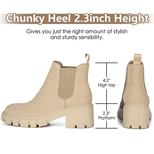 Athlefit Women's Chelsea Boots Fashion Lug Sole Chunky Heel Slip on Elastic Ankle Nude Booties Size 8.5