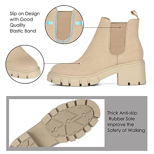 Athlefit Women's Chelsea Boots Fashion Lug Sole Chunky Heel Slip on Elastic Ankle Nude Booties Size 8.5