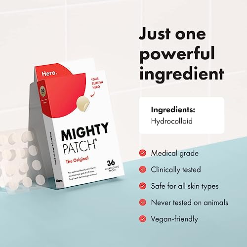 Mighty Patch™ Original patch from Hero Cosmetics - Hydrocolloid Acne Pimple Patch for Covering Zits and Blemishes, Spot Stickers for Face and Skin, Vegan-friendly and Not Tested on Animals (36 Count)