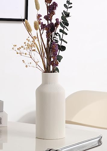 White Ceramic Flower Vase, Minimalist Modern Home Decor, Small Pampas Grass Vases for Table, Shelf Bookshelf, Mantel, Entryway and Centerpieces (8 in)