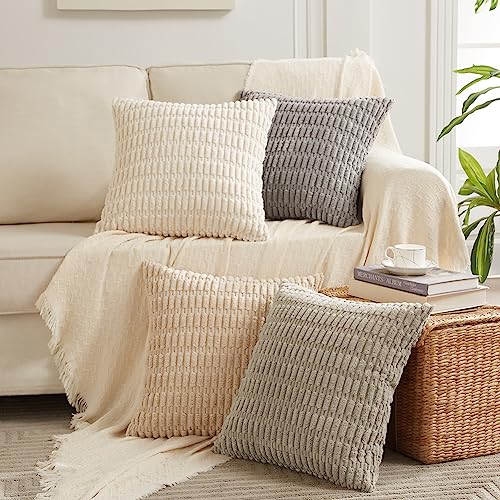 Fancy Homi 4 Packs Neutral Decorative Throw Pillow Covers 18x18 Inch for Living Room Couch Bed Sofa, Rustic Farmhouse Boho Home Decor, Soft Plush Striped Corduroy Square Cushion Case 45x45 cm