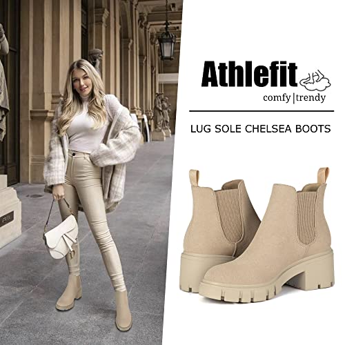 Athlefit Women's Chelsea Boots Fashion Lug Sole Chunky Heel Slip on Elastic Ankle Nude Booties Size 8.5