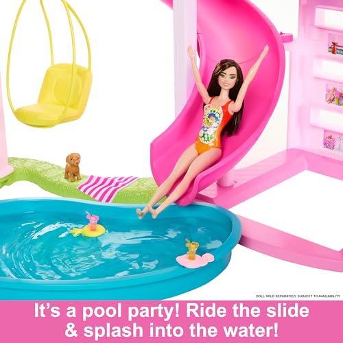 Barbie Dreamhouse 2023, Pool Party Doll House with 75+ Pieces and 3-Story Slide, Barbie House Playset, Pet Elevator and Puppy Play Areas