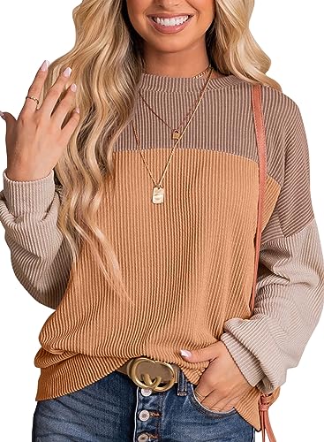 Dokotoo Womens Shirts Fall Casual Long Sleeve Crewneck Color Block Y2k Pullover Ladies Waffle Striped Knitted Jumper Tops Autumn Winter Tunics Blouses Khaki Large