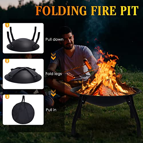 Cogesu Fire Pit, 22in Foldable Wood Burning Fire Pits for Outside, Firepit with Carry Bag, Spark Screen & Poker, Pack Grill, Folding Legs for Camping, Picnic, Bonfire