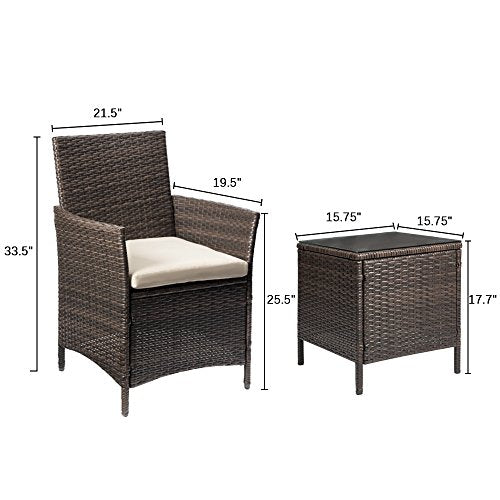 Devoko Patio Porch Furniture Sets 3 Pieces PE Rattan Wicker Chairs with Table Outdoor Garden Furniture Sets (Brown/Beige)