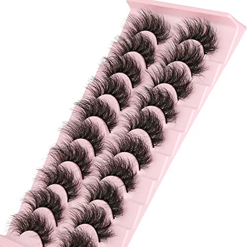 Mink Lashes False Eyelashes Dramatic Fluffy Mink Lashes Wispy 19MM Curly FANXITON Natural Look 3D Fake Eyelashes 10 Pairs Pack