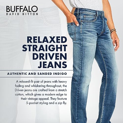 Buffalo David Bitton Men's Relaxed Straight Driven Jeans, Authentic and Sanded Indigo, 34W x 34L