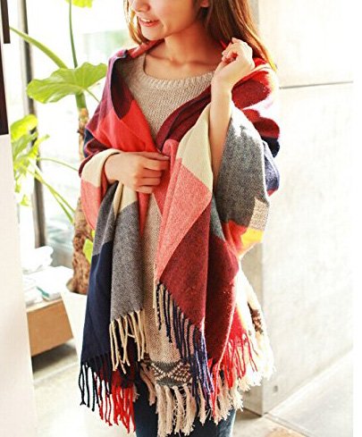 Wander Agio Women's Fashion Long Shawl Big Grid Winter Warm Lattice Large Scarf Orange Red Winter