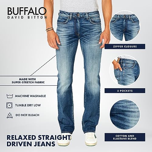 Buffalo David Bitton Men's Relaxed Straight Driven Jeans, Authentic and Sanded Indigo, 34W x 34L