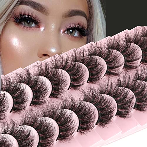 Mink Lashes False Eyelashes Dramatic Fluffy Mink Lashes Wispy 19MM Curly FANXITON Natural Look 3D Fake Eyelashes 10 Pairs Pack