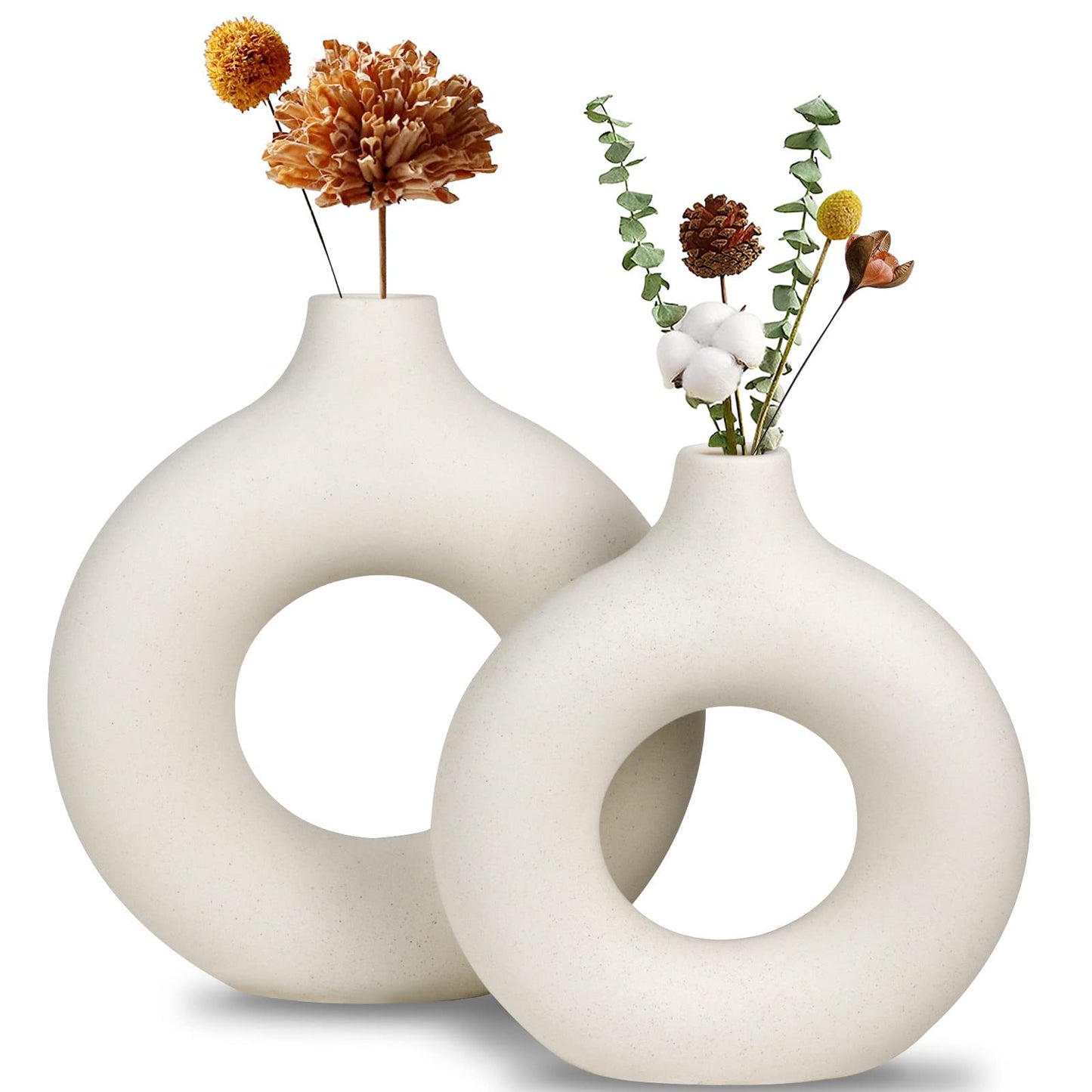 White Ceramic Vase, Modern Vase for Minimalist Decor, Hollow Round Matte Pampas Flower Vases for Boho Home Wedding Party Room Dinner Table Shelf Decor (2pcs)