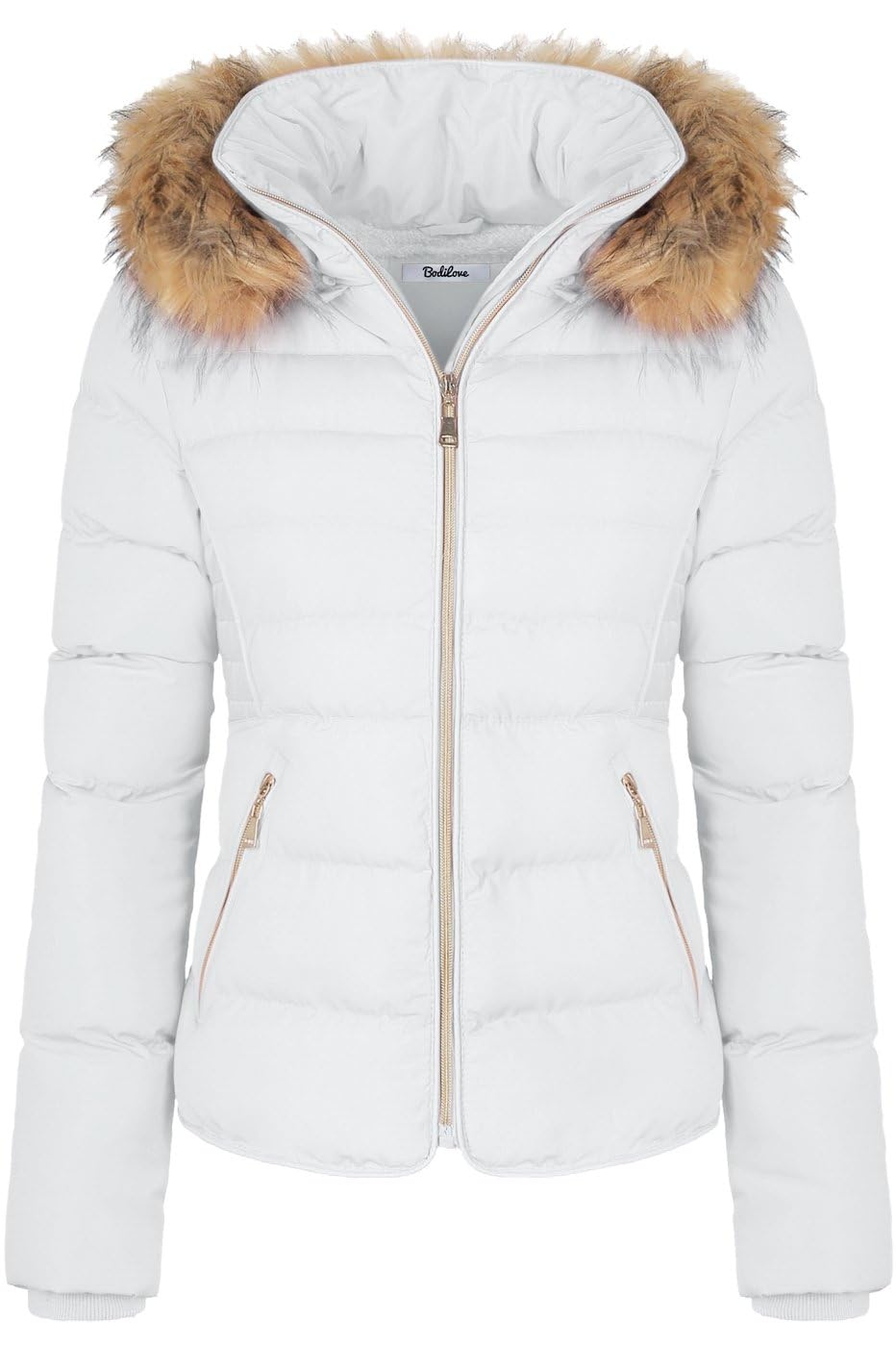 BodiLove Women's Warm Winter Everyday Wear Outdoor Winter Quilted Puffer Short Coat Jacket Plus Sizewith Removable Faux Fur Hood and Zipper White 2X