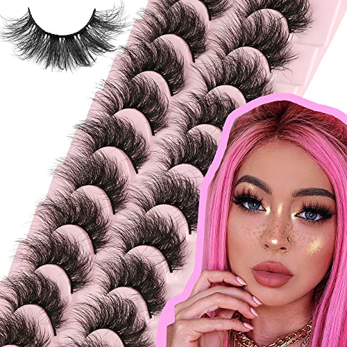 Mink Lashes False Eyelashes Dramatic Fluffy Mink Lashes Wispy 19MM Curly FANXITON Natural Look 3D Fake Eyelashes 10 Pairs Pack