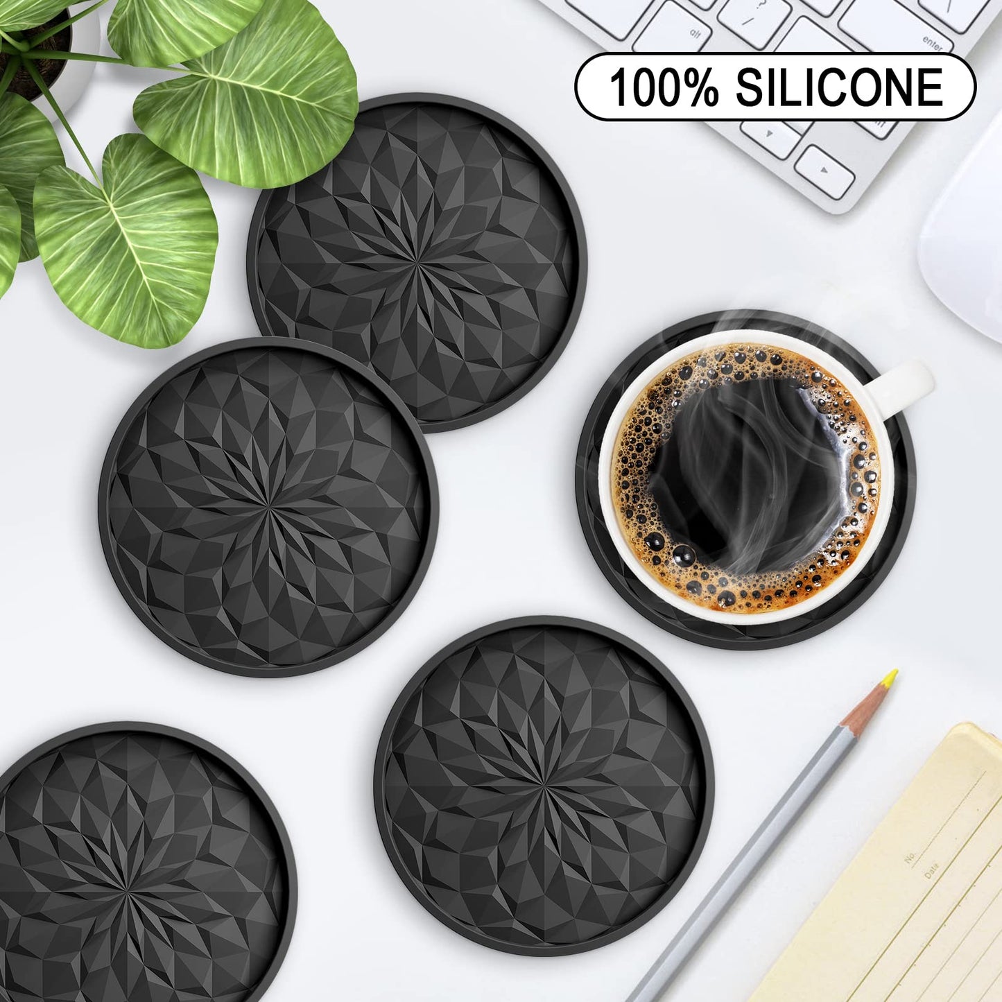 ME.FAN Silicone Coasters [6 Pack] Coasters with Holder - Drinking Coasters - Cup Mat for Drinks - Live for Hot or Cold Drink Thickened, Non-Slip, Non-stick, Deep Tray Black