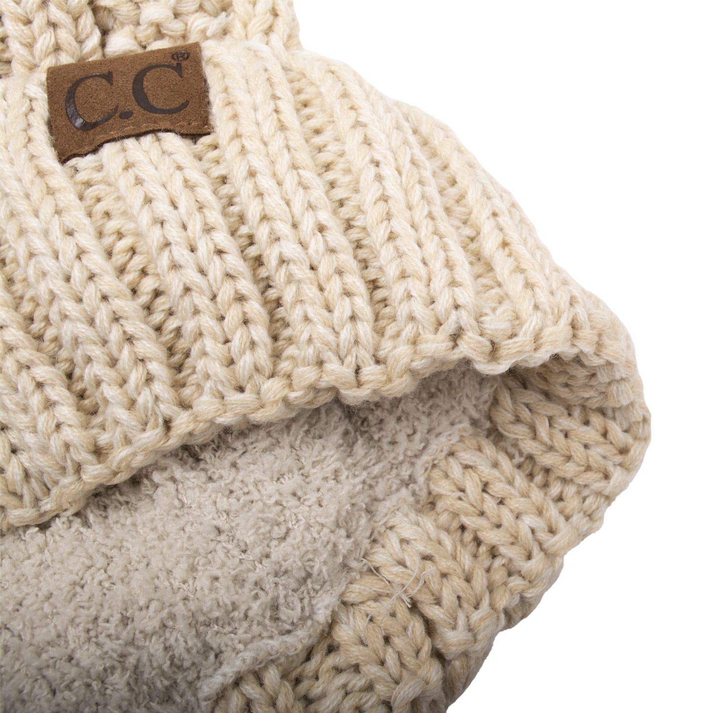 C.C Thick Cable Knit Faux Fuzzy Fur Pom Fleece Lined Skull Cap Cuff Beanie, Beige/Ivory