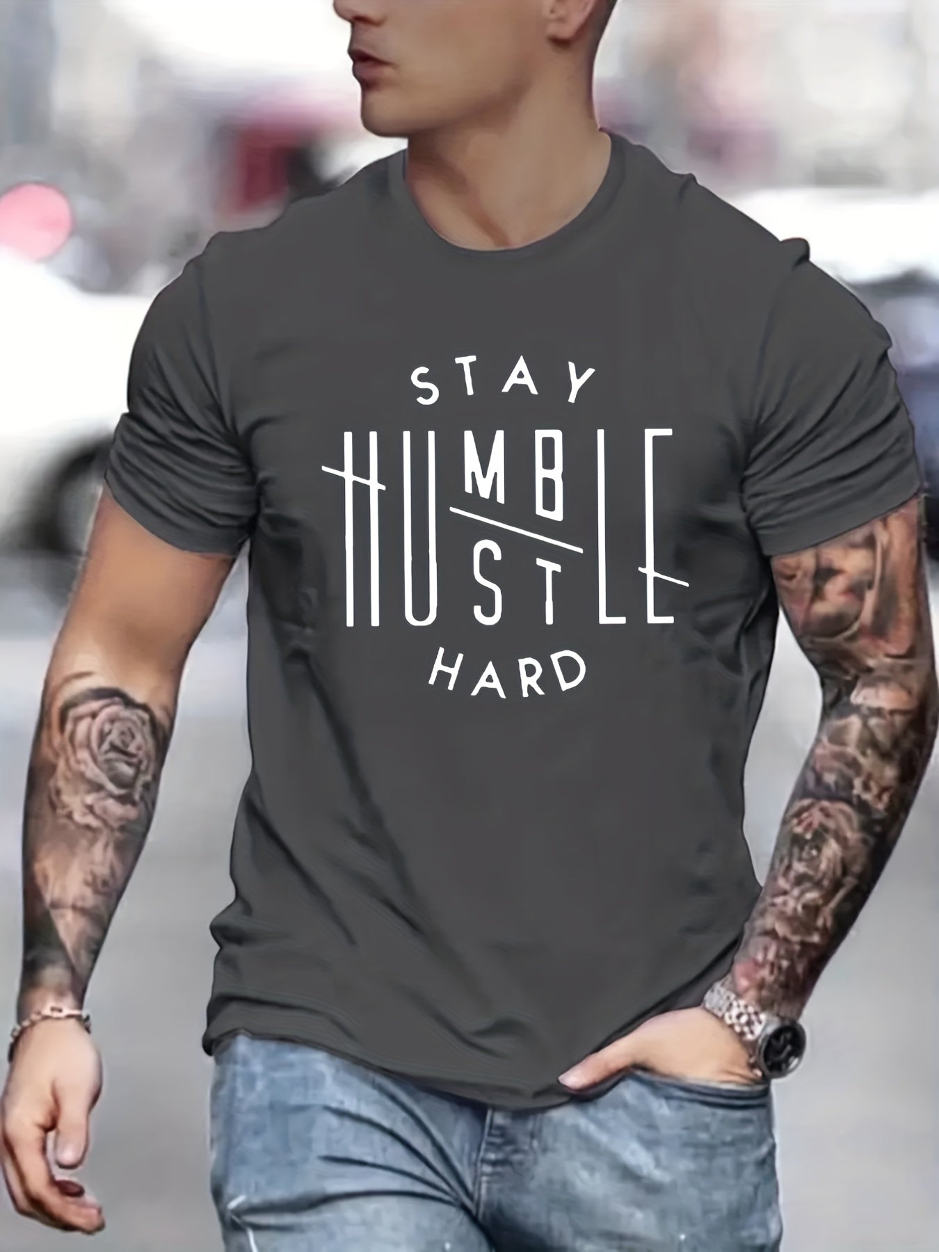 STAY HUMBLE HUSTLE HARD Men's Graphic Tee - Slightly Stretch Summer Shirt